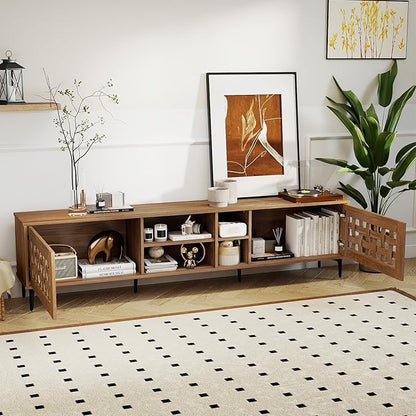 Giantex Mid Century Modern TV Stand for 60-80 Inch TV, Large Entertainment Center w/Storage Cabinet, Basket Weave Wooden Door & Open Compartment, Wood Media Console Table for Living Room Bedroom