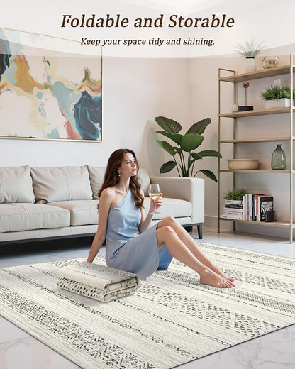 Miukiki 4x6 Area Rug for Living Room Moroccan Washable Rugs Non Slip Indoor Floor Carpet Foldable Large Soft Area Rug for Dining Room Bedroom with Low Pile(Grey,4'x6')