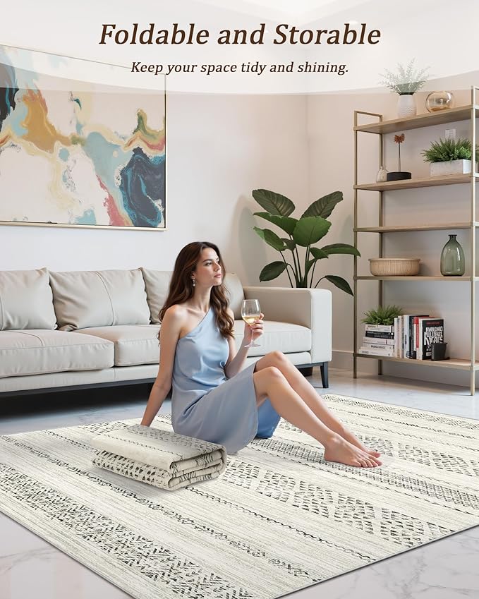Miukiki 9x12 Area Rug for Living Room Moroccan Washable Rugs Non Slip Indoor Floor Carpet Foldable Large Soft Area Rug for Dining Room Bedroom with Low Pile(Grey,9'x12')