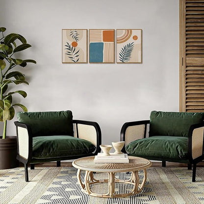 Bwodke Framed Boho Canvas Wall Art Mid Century Modern Prints Set of 3 Neutral Geometric Line Leaf Paintings Decor Minimalist Abstract Pictures Bedroom Living Room Bathroom