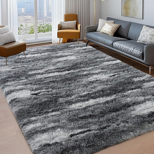 Shag Rugs for Bedroom, 4x6 Abstract Grey Soft Fuzzy Rugs for Living Room, Fluffy Shaggy Plush Carpet Girls Kids Room Dorm Upgrade Non-Slip