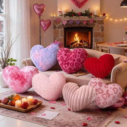Lanpn Valentines Day Heart Pillows 2Pcs, Heart Shaped Pillow Soft Faux Fur Throw Pillow Plush Heart Decorative Cushion for Home Couch Bed Sofa Valentine Day Decor (Red,16.5x12in/14x10.5in)