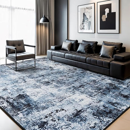 Rugflix 9x12 Area Rugs for Living Room, Washable Large Rug Stain-Resistant Low Pile, Modern Dark Carpet for Dining Room Home Office Kid Room Nursery Bedroom, Navy Blue/Black