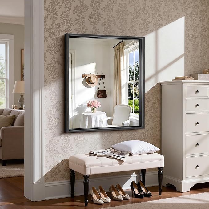 CIRCUMI 30"x36" Black Mirror with Chunky Box Metal Frame, Brushed Finish Rectangular Bathroom Mirrors for Over Sink, Living Room, Entryway, Tempered Glass Mirror for Wall, Vertical or Horizontal