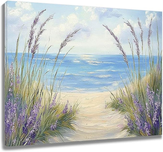 LB Coastal Lavender Beach Wall Art Green Sea Grass and Purple Floral Canvas Wall Art Ocean Landscape Wall Decor for Bedroom Bathroom Living Room Framed Ready to Hang 8L x 10W