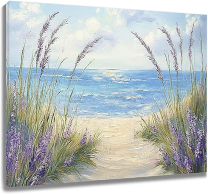 LB Coastal Lavender Beach Wall Art Vintage Lavender Flower Butterfly with Inspirational Canvas Wall Art Rustic Wood Wall Decor for Bedroom Bathroom Living Room Framed Artwork Ready to Hang 12L x 12W