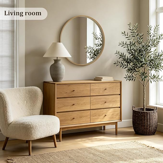HOMECOOKIN Round Wood Mirror, 28" Round Bathroom Wall Mirror Circle Mirrors for Wall Decor, Vanity, Living Room, Bedroom, Entryway, Natural
