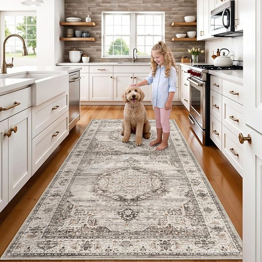 Washable Hallway Runner Rugs 4x8: Soft Ultra Thin Low Pile Carpet Machine Washable Indoor Lightweight Rug Runner Anti Slip Backing Rugs for Living Room Bedroom Kitchen 4'x8' Beige