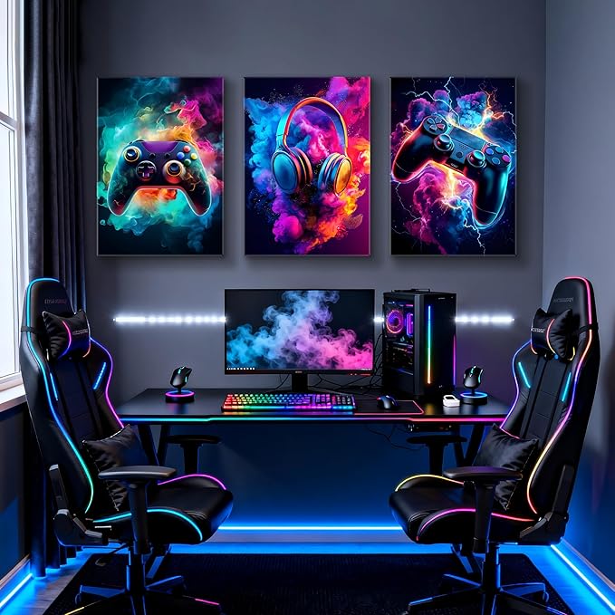 WENGTIAO 3Pcs Framed Gaming Canvas Wall Art Prints Cool Video Gamer Painting Neon Gamepad Headphones Posters Colorful Game Controller Pictures Esports Artwork for Teen Boys Bedroom Play Room 20x28in