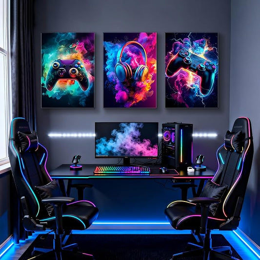 WENGTIAO 3Pcs Framed Gaming Canvas Wall Art Prints Cool Video Gamer Painting Neon Gamepad Headphones Posters Colorful Game Controller Pictures Esports Artwork for Teen Boys Bedroom Play Room 20x28in