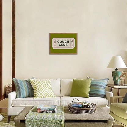 Vintage Framed Wall Art, Couch Club Ticket Canvas Wall Decor Painting, Retro Green Minimalist Quote Poster Print Picture for Living Room Bathroom Home Decor 12x16 Inch