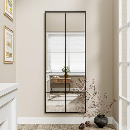 Prywot Full Length Mirror, 65"x24" Window Pane Mirror for Wall Decor, Black Full Body or Wall Mounted Mirrors, Farmhouse Standing Mirrors Hanging or Leaning for Living Room, Entryway, No Stand