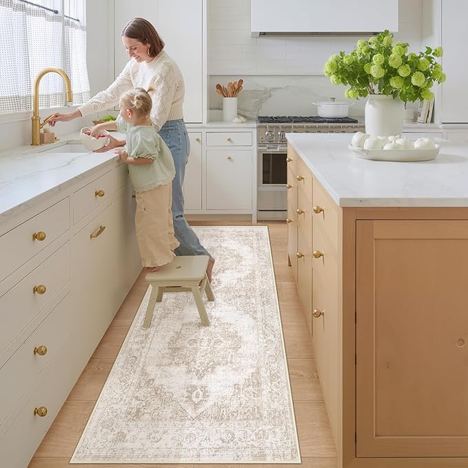 Area Rug 2x7 Runner Rugs: Washable Vintage Hallway Rug Indoor Medallion Rugs Low Pile Distressed Floor Carpet Retro Accent Rug for Kitchen Bedroom Bathroom Dining Room(Beige, 2'x7')