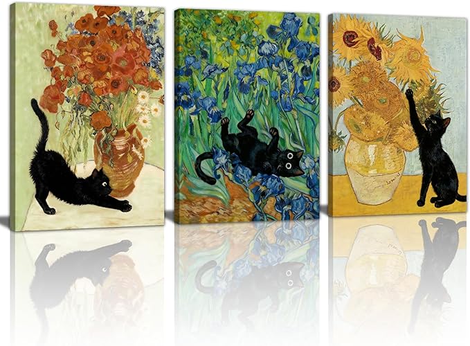 WENGTIAO 3Pcs Black Cat Wall Art Prints Vintage Van Gogh Sunflower Cat Canvas Paintings Irises Floral Pictures Flower Aesthetic Artwork for Living Room Bedroom 16”x24”x3