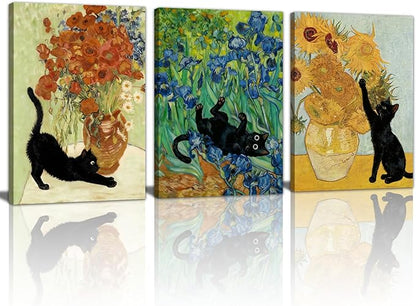 WENGTIAO 3Pcs Black Cat Wall Art Prints Vintage Van Gogh Sunflower Cat Canvas Paintings Irises Floral Pictures Flower Aesthetic Artwork for Living Room Bedroom 16”x24”x3