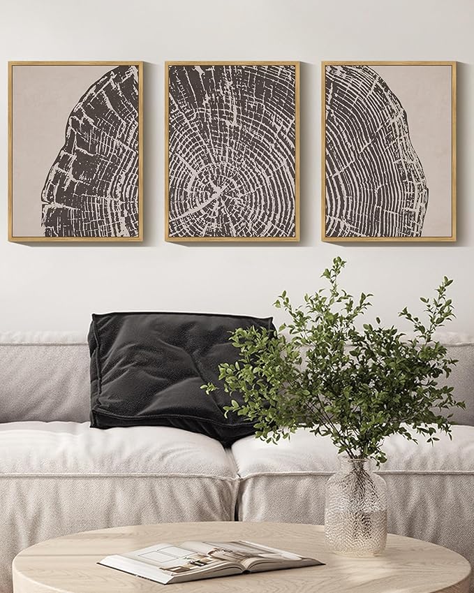 PHOPAGO Farmhouse Vintage Framed Wall Art Set Gray Wood Tree Ring Spirals Nature Abstract Drawings Rustic Modern Art Decor for Living Room Bedroom - 11x14in Natural Framed