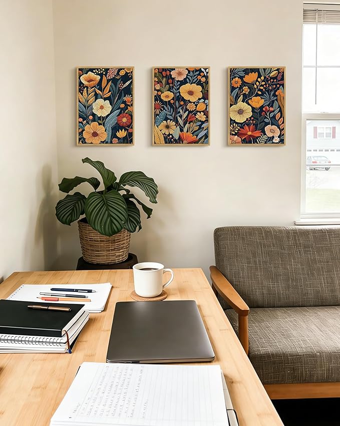 Drsoum Vintage Flower Wall Art Framed Retro Bohemian Boho Colorful Floral Plant Rustic Artwork Nature Botanical Wildflower Prints Bedroom Living Room Ready to Hang 11x14in Natural Framed
