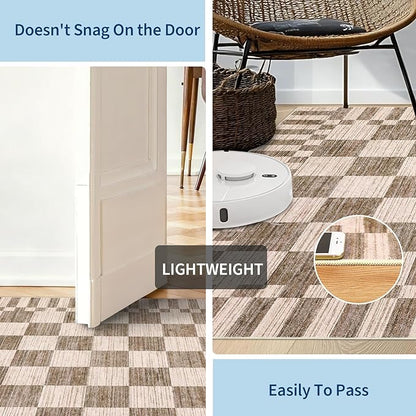 GarveeHome 2.5×8 Kitchen Runner Rug Non Slip Brown Checkered Rug,Washable Runner Rug for Hallway Soft Low-Pile Geometric Tan Brown Print Checkerboard Rugs for Entryway Kitchen Dining Room