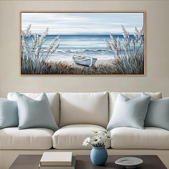 AJAZIKO Beach Vintage Wall Art Pictures for Living Room Coastal Artwork for Walls Ocean Bedroom Wall Decor Above Bed Landscape Beach Canvas Wall Art Featuring Boat, Farmhouse, Seascape 29×58IN