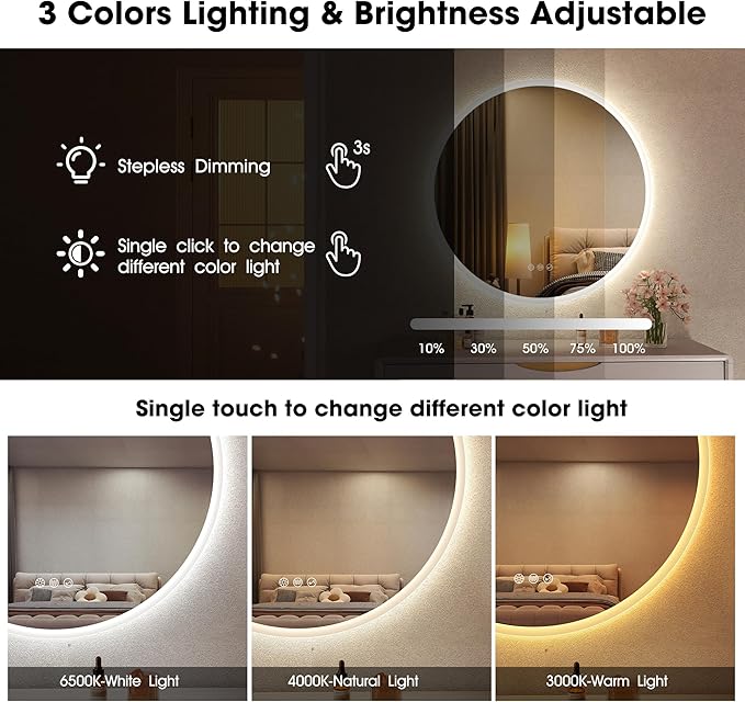 S·BAGNO 24’’ Round Led Bathroom Mirror with Lights, Backlit and Front Lighted, Anti-Fog Wall-Mounted Vanity Mirror 3000K/4000K/6500K, Dimmable Inside Bluetooth Speaker Smart Mirror