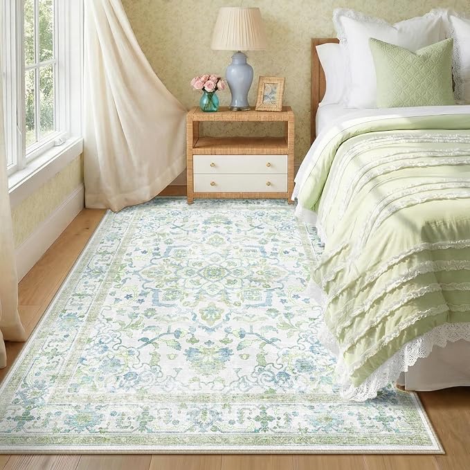 CAPALOCA Machine Washable Rugs Nursery Rug 4x6 Cute Girl Non Slip Low Pile Water Repellent Soft Print Pattern for Bedroom Indoor Decor Kids Playroom Green Blue