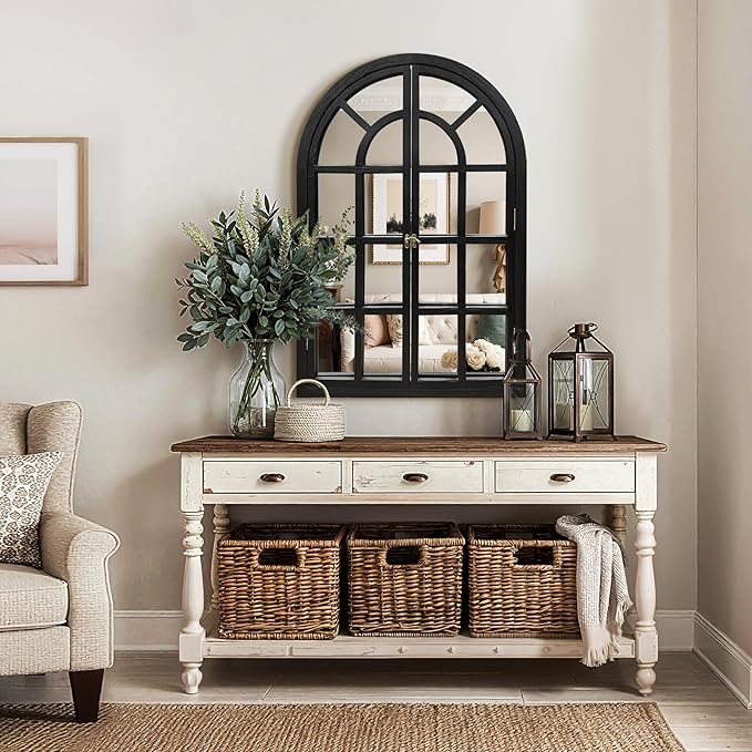 Arched Window Mirrors for Wall, Wooden Rustic Farmhouse Mirror for Wall Decor 24 x 36 Black, Decorative Wall Mirror Arch for Living Room, Bedroom, Bathroom, Fireplace, Farmhouse