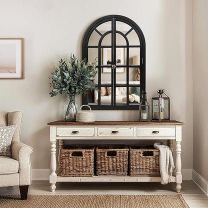 Arched Window Mirrors for Wall, Wooden Rustic Farmhouse Mirror for Wall Decor 24 x 36 Black, Decorative Wall Mirror Arch for Living Room, Bedroom, Bathroom, Fireplace, Farmhouse