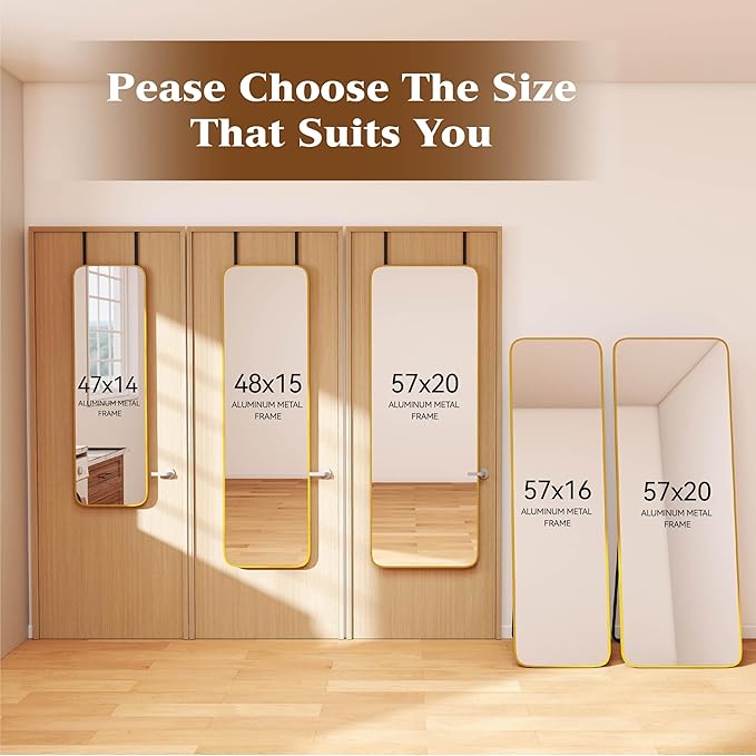 NARCISSUS 57x20 Mirror Door Hanging Full Length Body with Floor Stand or Wall Mounted Metal Aluminum Frame Tempered Glass Rectangle Mirrors for Bedroom Dressing Living Room Bathroom 57 inch Gold