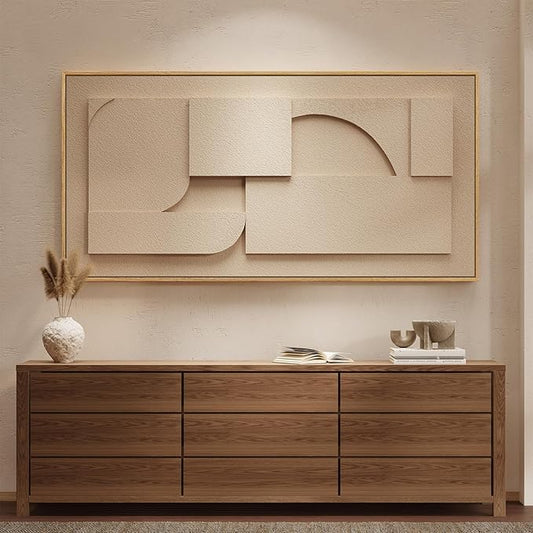 Large Framed 3D Neutral Abstract Wall Art for Living Room, Horizontal Modern Textured Paintings Artwork for Walls, Beige Geometric Pictures Wall Decor for Bedroom Dining Room Home Office, 60x30 In