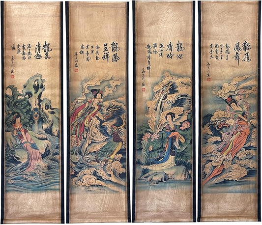 CIFIBIFUN Wall Flying Apsaras Traditional Art Prints Posters Painting Vintage Style,4 Panels Super Large Home Decorative Wall (Super Old Aging Paper, B Japan Painting)