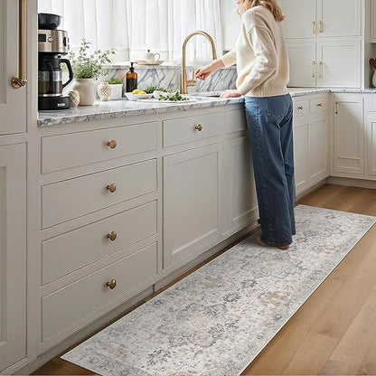 GENIMO Runner Rug 3x8, Non Slip Vintage Hallway Runner Rugs, Low Pile Lightweight Machine Washable Mat for Hallway, Entryway, Bedroom, Kitchen and Corridor, Light Taupe Brown