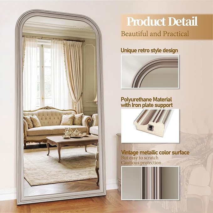 Full Length Mirror with Stand, 71"x32" Full Body Mirror, Floor Length Mirrors Wall Mounted with Rounded Top, Large Standing Mirrors, PU Frame, for Bedroom Living Room Cloakroom, Antique Sliver