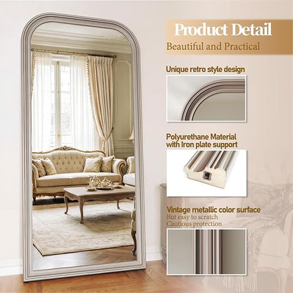 Full Length Mirror with Stand, 71"x32" Full Body Mirror, Floor Length Mirrors Wall Mounted with Rounded Top, Large Standing Mirrors, PU Frame, for Bedroom Living Room Cloakroom, Antique Sliver