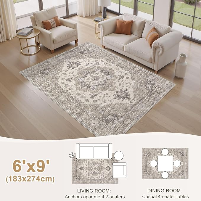 EIEIHOUSE Washable Area Rugs for Living Room -6x9 Neutral Vintage Distressed Floral Farmhouse Boho Large Soft Floor Rug Indoor Non Slip Carpet for Living Room Bedroom Dining Room Office-Brown/Beige
