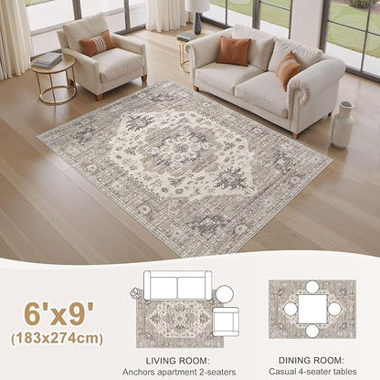 EIEIHOUSE Washable Area Rugs for Living Room -6x9 Neutral Vintage Distressed Floral Farmhouse Boho Large Soft Floor Rug Indoor Non Slip Carpet for Living Room Bedroom Dining Room Office-Brown/Beige