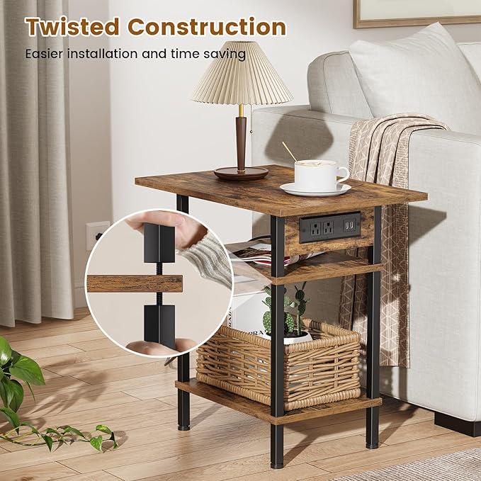 Asgolion Side Table with Charging Station, Skinny Nightstand with USB Ports and Outlets, 3 Tier Narrow End Table with Storage for Bedroom, Living Room, Office, Rustic Brown and Black