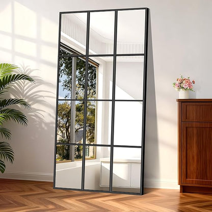 YIROMAN Window Pane Mirror, 30x60 Inch Black Rectangular Decorative Wall Mirror, Large Window Metal Framed Mirrors for Bedroom Living Room Fireplace Entryway, Hanging or Leaning Against Wall