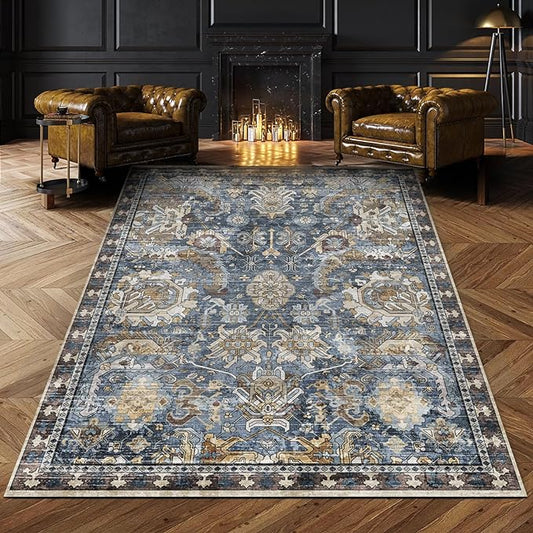 RUGSURE Washable Area Rugs - Perfect for Living Room, Bedroom, Kids Room, Nursery - Stain & Water Resistant Non-Slip, Pet & Child Friendly, Vintage Tribal Area Rugs (Navy, 5' x 7')