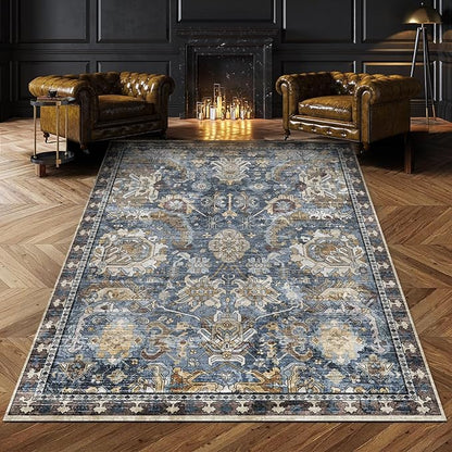 RUGSURE Washable Area Rugs - Perfect for Living Room, Bedroom, Kids Room, Nursery - Stain & Water Resistant Non-Slip, Pet & Child Friendly, Vintage Tribal Area Rugs (Navy, 6' x 9')