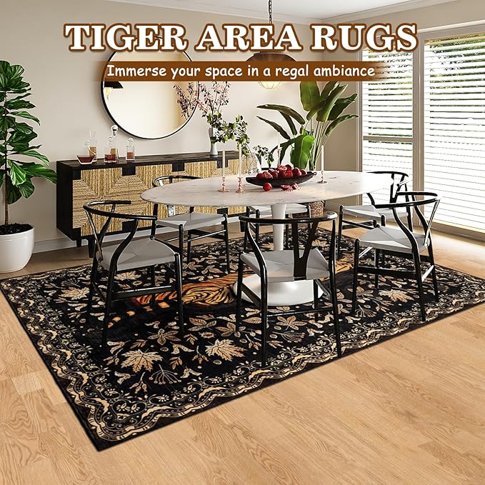 Washable Tiger Area Rugs 5x7Ft, Boho Animal Living Room Bedroom Rugs, Soft Low Pile Jungle Kids Nursery Dining Room Area Floor Carpets for Dorm Playroom Farmhouse Fall Decor, Black/Gold