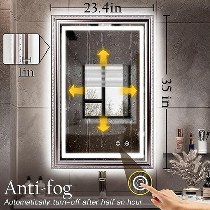 ROLOVE 23x35 Inch Bathroom Mirror with Lights, Brushed Rose Gold Frame, Anti-Fog LED Vanity Mirror for Wall, Plug-in/Hardwired, Dimmable, Tempered Glass,Wall Mirrors Decorative (Champagne Pink Hue)