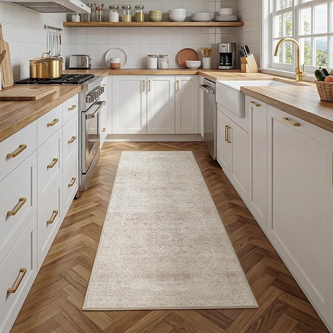 FMFUNCTEX 2x5 Runner Rug Beige Washable Vintage Neutral Distressed Oriental Non Slip Low Pile Indoor Carpet Retro Hallway Entryway Rug for Kitchen Laundry Bedroom Bathroom Entry Bedside Living Room