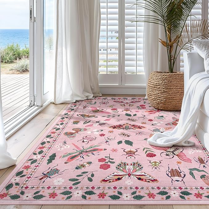 Lahome Insect Machine Washable Rugs 5x7, Soft Modern Pink Rugs for Bedroom Girls Living Room, Non Slip Ultra-Thin Stain Resistant Accent Carpet for Dining Room Nursery Vionnet(5'x7',Pink)