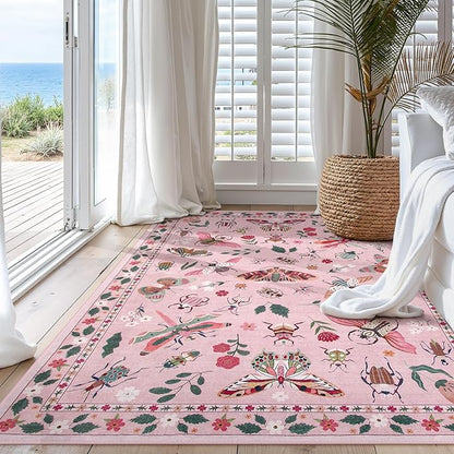 Lahome Insect Machine Washable Rugs 5x7, Soft Modern Pink Rugs for Bedroom Girls Living Room, Non Slip Ultra-Thin Stain Resistant Accent Carpet for Dining Room Nursery Vionnet(5'x7',Pink)