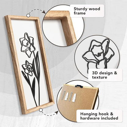 3D Black and White Wall Art (Set of 2) Lightweight, Wooden Ready-to-Hang Framed Floral Wall Art for Bathroom, Bedroom, Living Room or Office – Boho Botanical Farmhouse Decor – Gift-Boxed