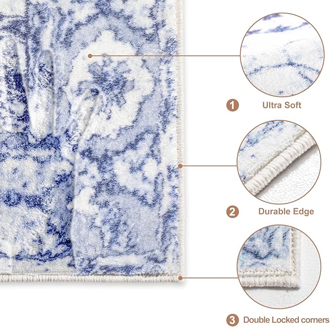 Sofrug Area Rug 8x10 - Vintage Floral Honeycomb Non Slip Backing Carpet - Blue Softer Thicker Faux Wool Rug - Lightweight Machine Washable Rugs for Living Room Bedroom Dining Room Home Office