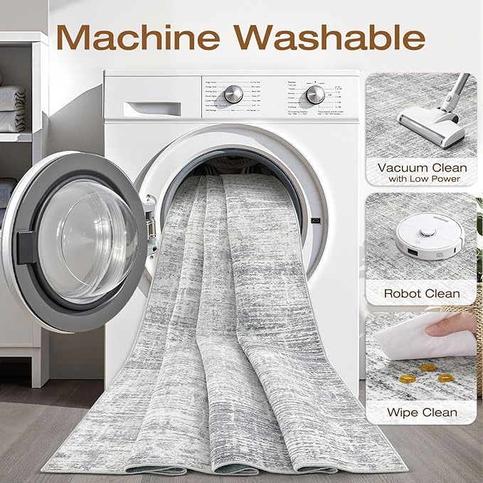 Runner Rug Non-Slip Kitchen Rug: 2x6 Washable Abstract Modern Soft Stain Resistant Indoor Floor Neutral Accent Throw Carpet for Hallway Bathroom Laundry Room Bedroom Entryway- Grey