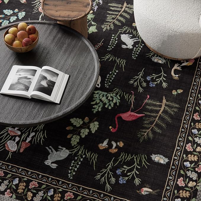 Washable Area Rugs for Living Room: 5x7 Bedroom Rug Vintage Rugs Stain Resistant Non Slip Low Pile Soft Lightweight Indoor Carpet Rug for Kitchen Dining Room Farmhouse Nursery Kids Room Home Office