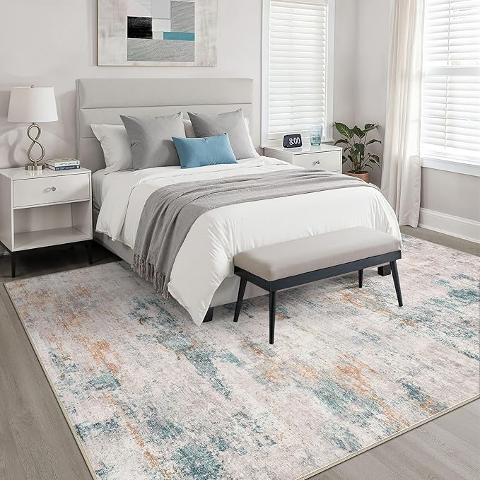 9x12 Area Rug Living Room: Washable Large Neutral Aqua Brown Rugs Abstract Soft Modern Stain Resistant Indoor Floor Non-Slip Carpet for Bedroom Nursery Kids Office Playroom Dining Room Under Table