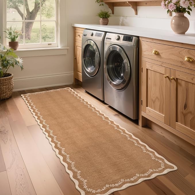 GarveeHome 2.5x8 Scalloped Washable Runner Rug for Kitchen, Soft Brown Long Hallway Runner Non Slip Entryway Rug Farmhouse Thin Laundry Mat Stain Resistant Carpet for Bathroom Beside Rug